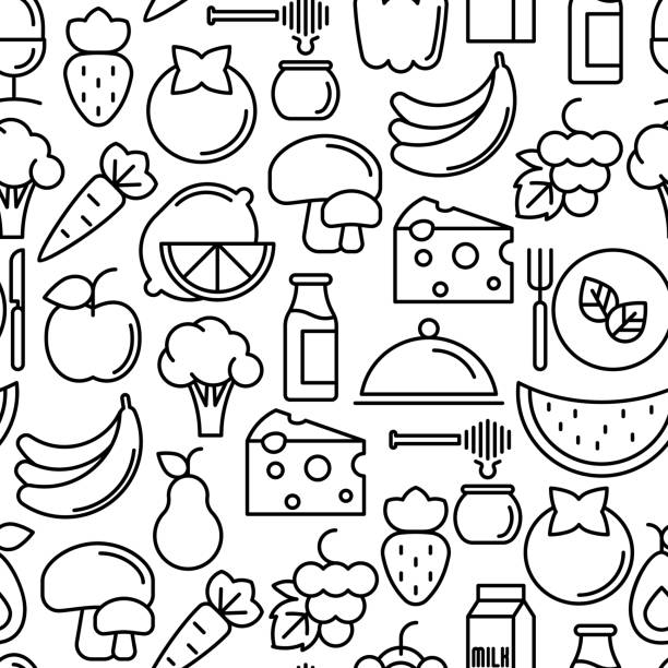 Organic food seamless pattern with thin line icons of fresh natural products, vegetarian groceries. Vector illustration for web site about healthy nutrition. Organic food seamless pattern with thin line icons of fresh natural products, vegetarian groceries. Vector illustration for web site about healthy nutrition. supermarket designs stock illustrations