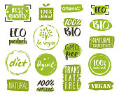 Healthy food icons, labels. Organic tags. Natural product elements. Logo for vegetarian restaurant menu. Vector illustration. Lactose free sign. Low fat stamp. Soy free. Eco product.
