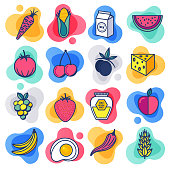 Organic fruit and vegetable liquid flat line flow style symbols. Flat line design vector icons set for infographics, mobile and web designs.