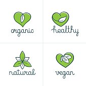 Vector set of logo design templates and badges in trendy linear style with green leaves - organic, healthy, natural, vegan - emblems for vegetarian and fresh food packaging - nature love