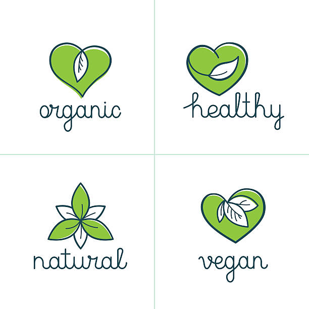 Organic, healthy and vegan badges - emblems for vegetarian food Vector set of logo design templates and badges in trendy linear style with green leaves - organic, healthy, natural, vegan - emblems for vegetarian and fresh food packaging - nature love smoothie designs stock illustrations
