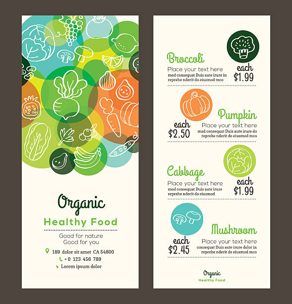 Organic healthy food with fruits and vegetables menu flyer leaflet Organic healthy food with fruits and vegetables doodles illustration design template for menu flyer leaflet food backgrounds stock illustrations
