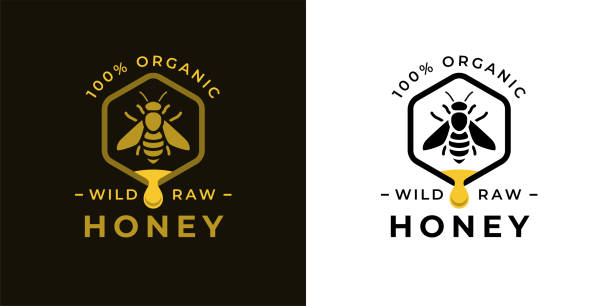 Organic honey bee label icon 100% Natural wild raw organic honey label concept with bee symbol inside hexagon honeycomb nectar drop sign. Beekeeper farm badge brand identity template. Vector illustration. honey stock illustrations