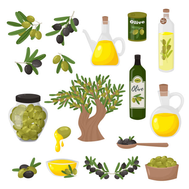 Organic olive products flat vector illustrations set Organic olive products flat vector illustrations set. Fresh ripe tree fetuses and fragrant oil in bottles and jugs isolated on white background. Traditional mediterranean ingredient, natural plant green olives jar stock illustrations