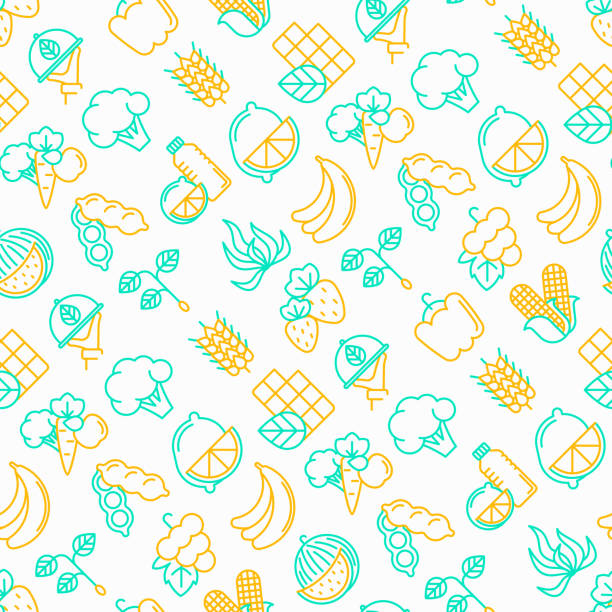 Organic products seamless pattern with thin line icons: corn, peas, raw cafe, broccoli, grapes, sprouts, seaweed, watermelon, fresh juice. strawberry. Modern vector illustration for vegetable shop. Organic products seamless pattern with thin line icons: corn, peas, raw cafe, broccoli, grapes, sprouts, seaweed, watermelon, fresh juice. strawberry. Modern vector illustration for vegetable shop. supermarket designs stock illustrations