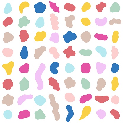 Organic shapes. Color various blotch, abstract irregular random blobs. Pebble stone silhouette, simple liquid amorphous splodge, colorful water forms, creative pastel pattern vector set