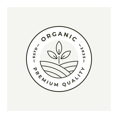 Organic stamp line icon design. Natural eco product emblem. Premium quality brand identity bio farm leaf symbol. Vector illustration.