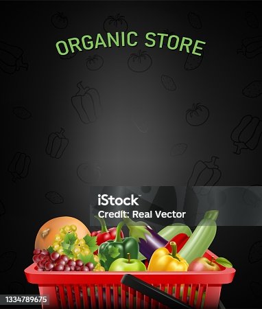 istock Organic store menu with realistic shopping red basket and vegetables and fruits inside. 1334789675