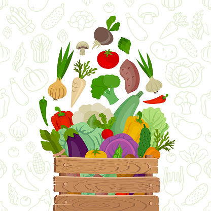 Organic vegetables in wooden crate on organic food seamless pattern.