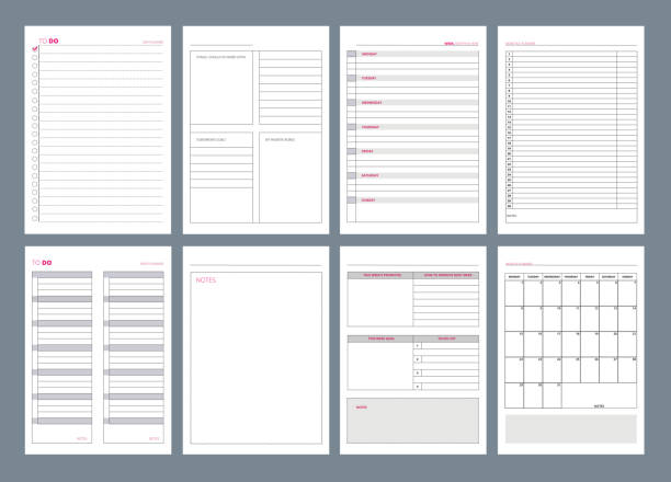 Organizer pages. Office agenda weekly template layout design goals in business diary vector Organizer pages. Office agenda weekly template layout design goals in business diary vector. Office page agenda, organizer and schedule week or day illustration personal organizer stock illustrations