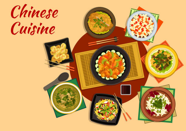 bildbanksillustrationer, clip art samt tecknat material och ikoner med oriental cuisine dinner with chinese food icon - fisk med stekt svamp