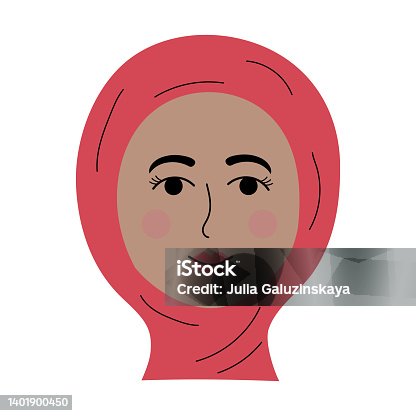 istock Oriental girl face in a hijab in doodle style. Colorful avatar of smiling woman. 1401900450