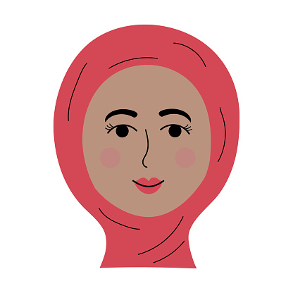 Oriental girl face in a hijab in doodle style. Colorful avatar of smiling woman. Vector illustration.