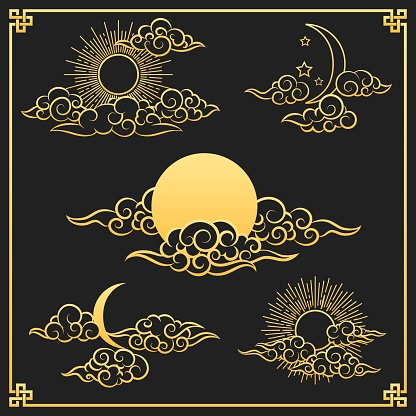 Oriental gold clouds, sun and moon