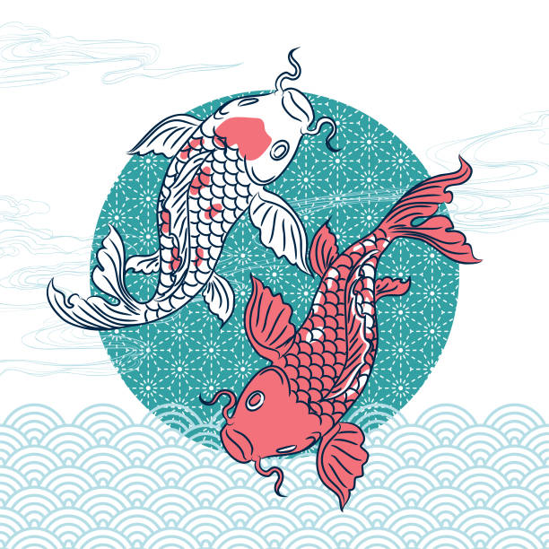 oriental koi on a geometry background vector art illustration