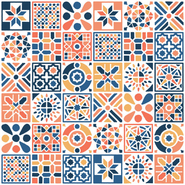 Oriental Moroccan Tile Seamless Pattern Various oriental Moroccan decorations combined to create seamless pattern illustration. Hand drawn vector graphic for creating fabrics, packaging, stationery, wallpaper designs. portuguese culture stock illustrations