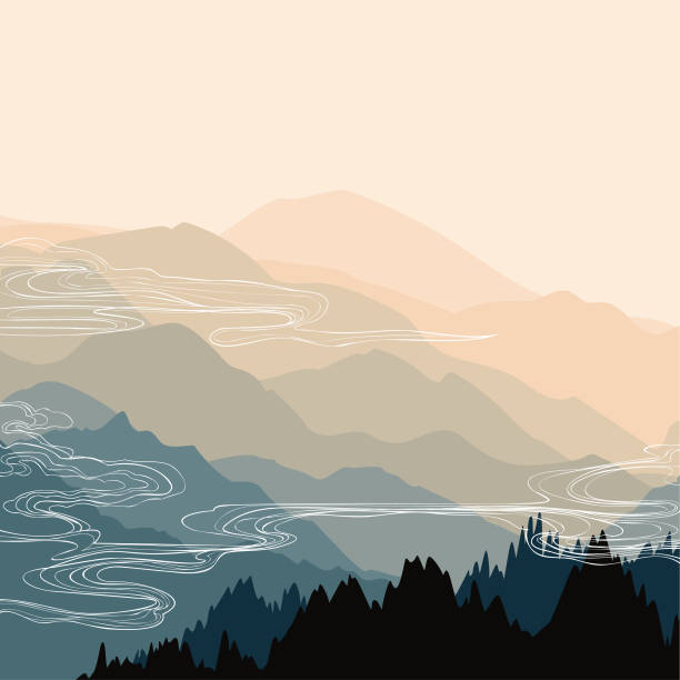 oriental mountain scenery background with cloud vector art illustration
