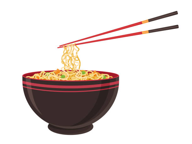 ilustrações de stock, clip art, desenhos animados e ícones de oriental noodle food. asian ramen tradition chinese noodle restaurant with pasta and chopsticks. vector illustration in cartoon flat style. - noodles