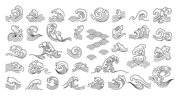Oriental wave illustration vector set Set of oriental wave illustration. Japan wave. Linear style. - Vector. river symbols stock illustrations