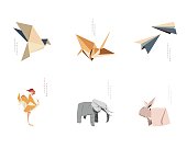 Origami animal vector with logo design. Japanese paper folding icon. Geometric element in Asian style. Crane birds, plane, chicken, elements and rabbit symbol.