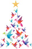 Christmas tree made of multicolored hummingbirds with a star on the top on white background. Vector file available.