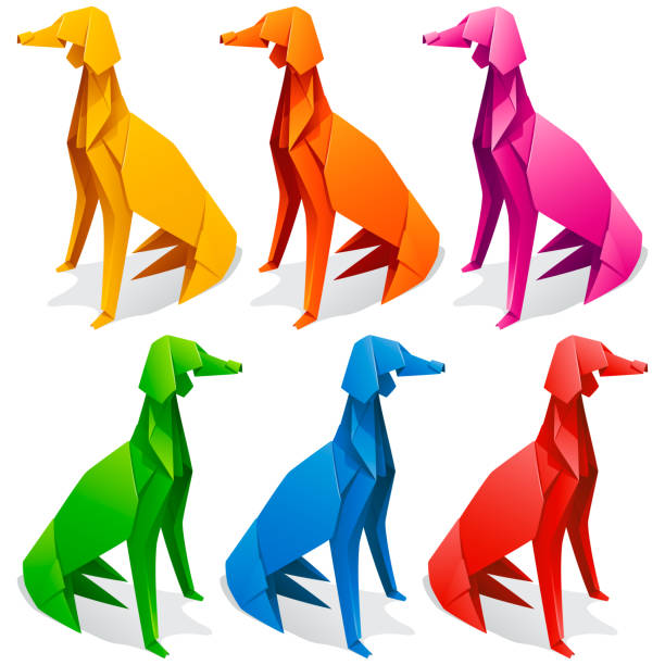 Origami paper dog set Vector origami paper dogs. Yellow, red, orage, blue, green and pink greyhound icons isolated on white background. Concept of pet shop or 2018 Chinese New Year symbol chinese year of the dog stock illustrations