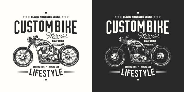 Original monochrome vector illustration in retro style. T-shirt or poster design with an illustration of an old motorcycle. Original monochrome vector illustration in retro style. T-shirt or poster design with an illustration of an old motorcycle. mechanic drawings stock illustrations
