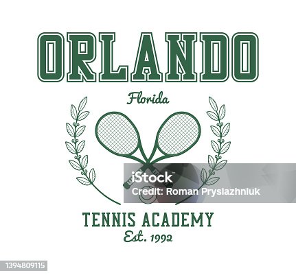 istock Orlando, Florida tennis academy t-shirt design. Tee shirt and apparel print with tennis racquet, tennis ball and laurel wreath. Vector 1394809115