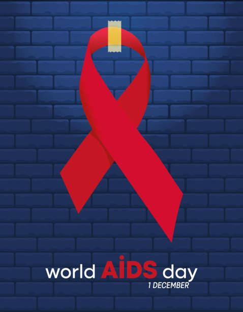 ilustraciones, imágenes clip art, dibujos animados e iconos de stock de orld aids day post frente a una pared de ladrillo azul. mensaje del día del sida colgado en una cinta roja. - world aids day