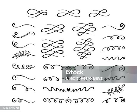 istock Ornament hand drawn divider collection. Vintage lines and borders. Doodle swirls and curls design elements. Vector illustration 1217193978