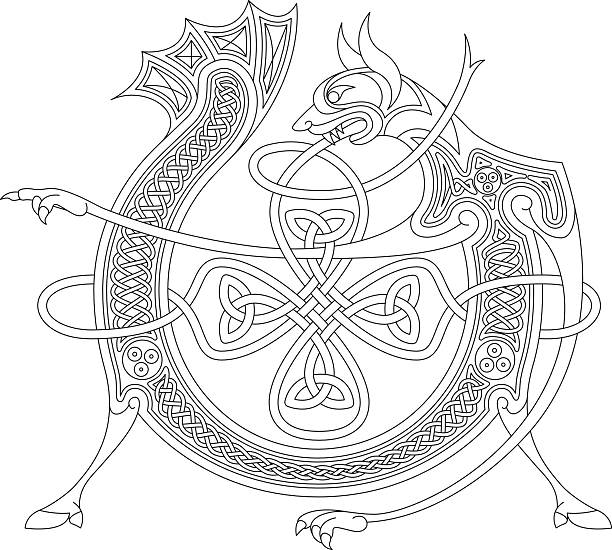 Ornamental celtic initial V drawing (Animal with endless knots) Celtic initial drawing of the letter C in black and white. This ornamental letter is based on a dragon with arms, legs, tail and endless knots (celtic knots). The shape of the letters refers to the unziale (medieval type form). Similar illustrations are known from the various illuminations in medieval, celtic books such as the "book of kells" and the "Lindisfarne gospels". drawing of a fancy letter v stock illustrations