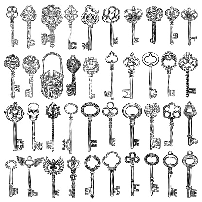 Ornamental medieval vintage keys set with intricate design, Victorian leaf scrolls and hand drawn heart shaped swirls,  composed of flower-de-luce shapes.  Vector.