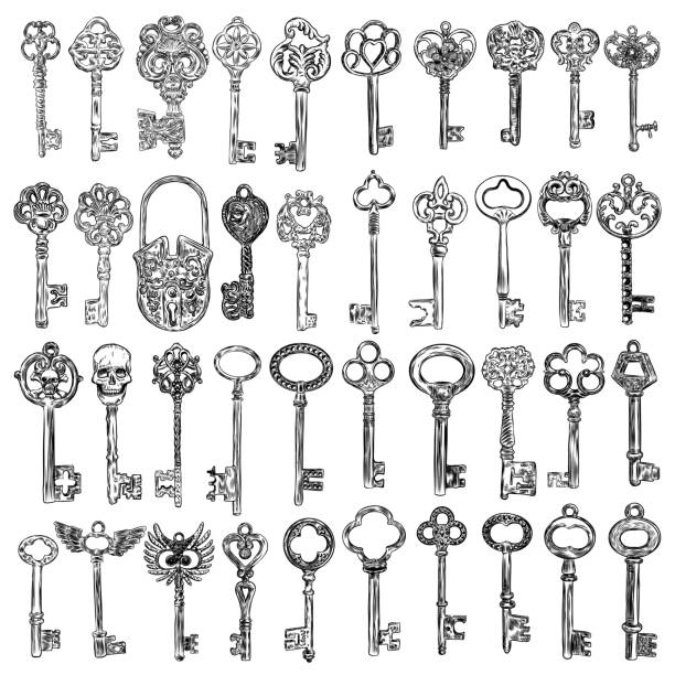 Ornamental medieval vintage keys set with intricate design, Victorian leaf scrolls and hand drawn heart shaped swirls,  composed of flower-de-luce shapes.  Vector. Vector. door designs stock illustrations