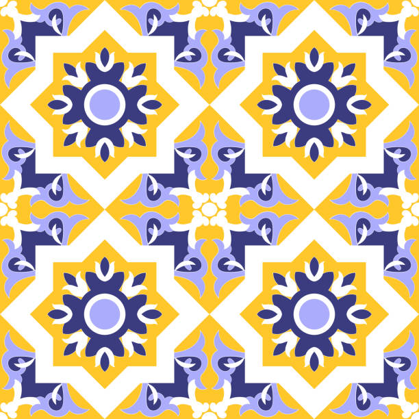 Ornamental tile pattern vector seamless blue, yellow and white colors. Azulejos portuguese, spanish, moroccan, mexican talavera, italian sicily or moorish arabic tiles design with flowers motifs. Ornamental tile pattern vector seamless blue, yellow and white colors. Azulejos portuguese, spanish, moroccan, mexican talavera, italian sicily or moorish arabic tiles design with flowers motifs. moroccan culture stock illustrations