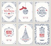 Ornate vertical winter holidays greeting cards with New Year tree, gift box, Christmas ornaments and typographic design. Vector illustration.