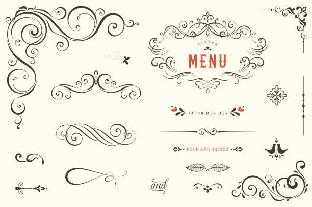 Ornate Design Elements_01 Vector set of ornate calligraphic vintage elements, dividers and page decorations. luxury borders stock illustrations