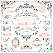 Ornate vintage design elements with calligraphy swirls, swashes, ornate motifs and scrolls.  Good for Save the Date cards, Wedding invitations and Thank You cards. Vector illustration.