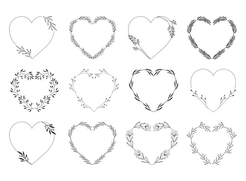 Ornate floral frames. Heart wreaths. Vector cute illustration.