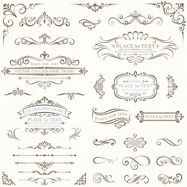 Ornate frames for text A set of vector illustrations featuring retro scroll frames on an ivory background.  This set features more than 20 different items, some with room for text and some without.  There are small vertical and horizontal scrolls, retro lines with embellishments and ornate calligraphic frames.  One of the largest illustrations has an ornate frame with room for text above and below it.  There is also a calligraphic frame with a curved banner and room for text underneath.  One of the vintage-style frames is curved, while the other has straight lines flanked by scroll elements. wedding borders stock illustrations