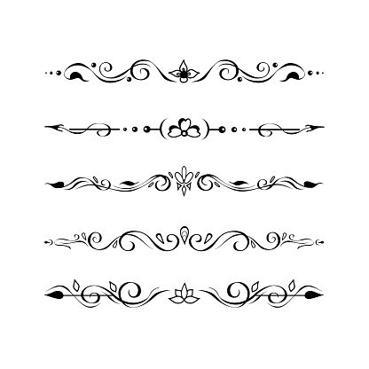 Ornate retro text delimiters, paragraph dividers, page footer decoration lines, borders, vignettes. Set of hand-drawn symmetric romantic elements in oriental mehendi style on white for prints, design