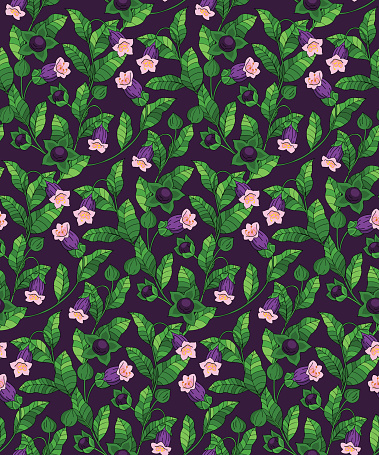 Ornate seamless pattern with belladonna bushes. Vector.