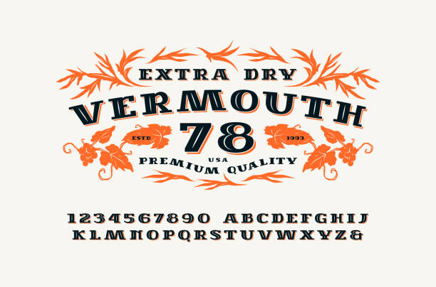 Ornate serif font in retro style Ornate serif font in retro style. Vermouth label template. Letters and numbers for label and signboard design. Print on white background vermouth stock illustrations
