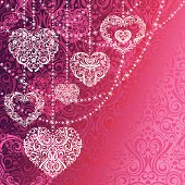 Ornate Lacy Heart Ornaments on a Damask Background. Room for your copy.