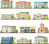 Colored isolated municipal buildings icon set with post office polyclinic college bank library hospital buildings descriptions vector illustration