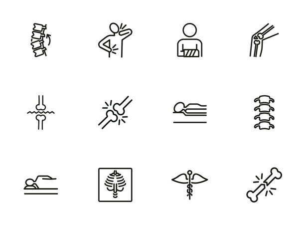 Orthopedics line icon set Orthopedics line icon set. Broken bones, spine, joint, mattress. Health concept. Can be used for topics like medicine, medical help, health care pain backgrounds stock illustrations