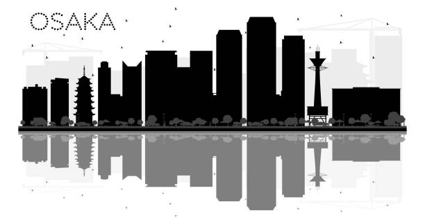 ilustrações de stock, clip art, desenhos animados e ícones de osaka city skyline black and white silhouette with reflections. - osaka