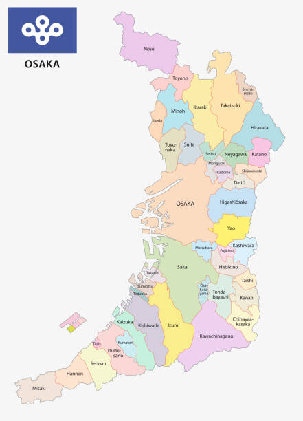 ilustrações de stock, clip art, desenhos animados e ícones de osaka prefecture administrative and political map with flag - osaka