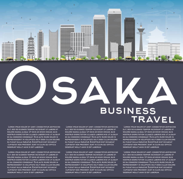 ilustrações de stock, clip art, desenhos animados e ícones de osaka horizonte com edifícios cinzento, céu azul e cópia espaço. - osaka
