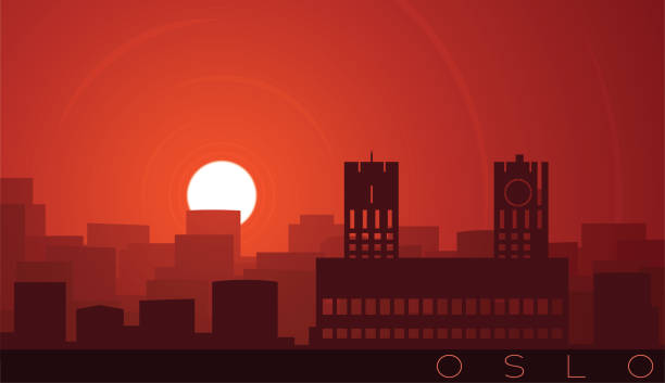 oslo low sun skyline szene - oslo stock-grafiken, -clipart, -cartoons und -symbole