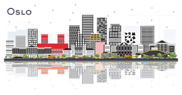 oslo norwegen skyline mit grauen gebäuden und reflexionen isoliert auf weiß. - oslo stock-grafiken, -clipart, -cartoons und -symbole